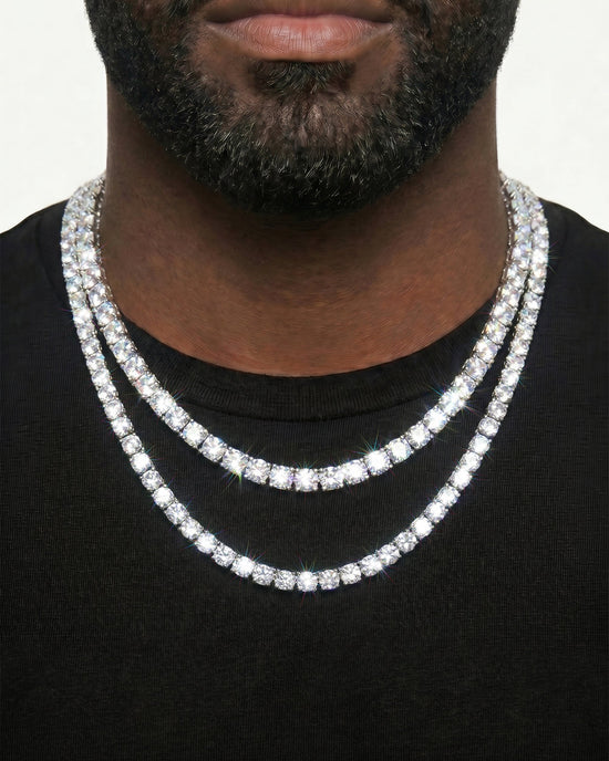 925 Sterling Silver VVS Moissanite Tennis and Cuban Chain Stack