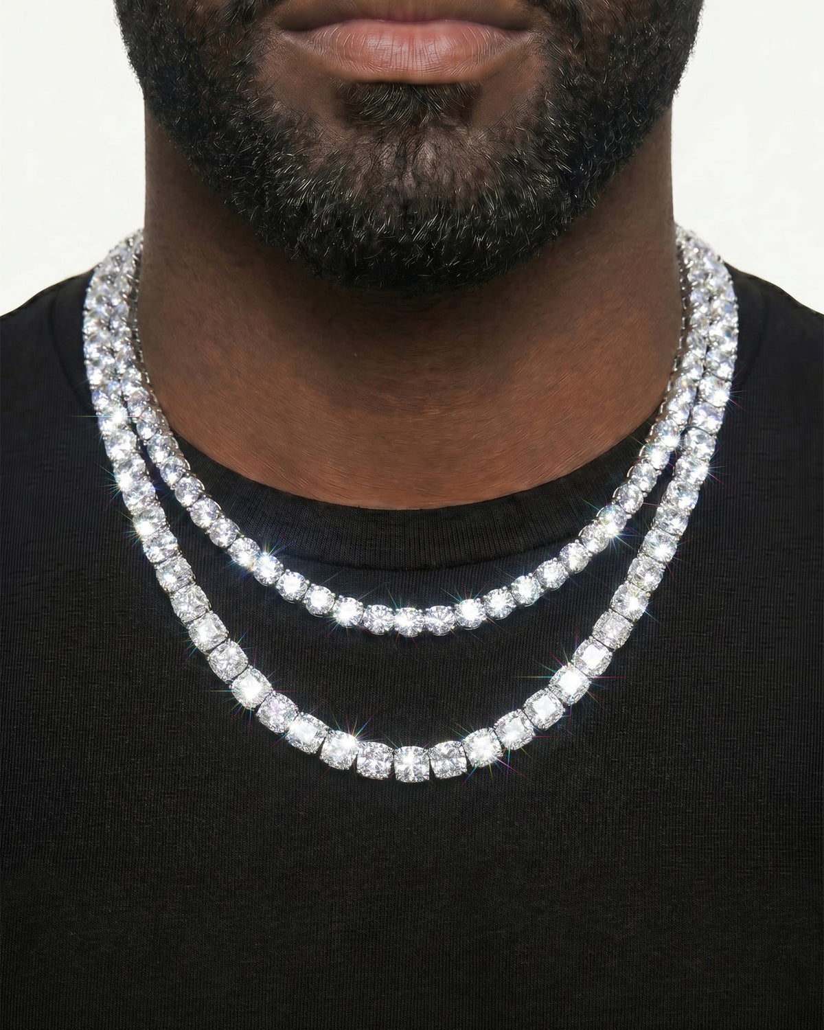 925 Sterling Silver VVS Moissanite Tennis and Cuban Chain Stack