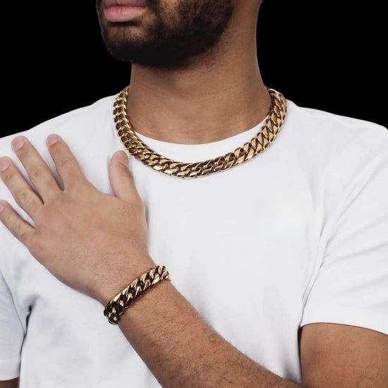 18MM Yellow Gold Cuban Chain and Bracelet Set