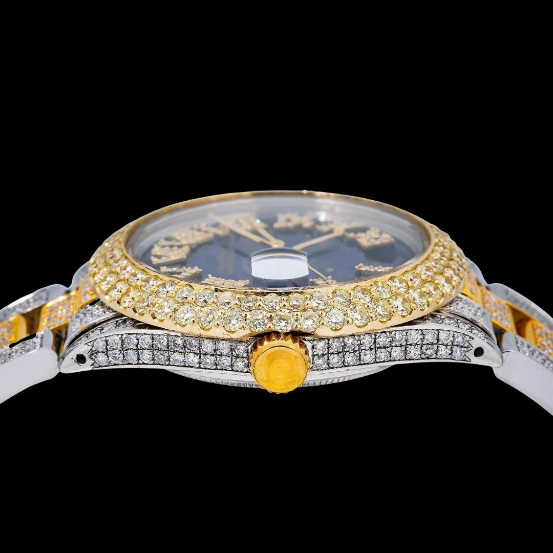 Rolex Datejust Royal Blue Diamond Roman Dial Two Tone Yellow Gold Oyster Bracelet Fully Iced Out Moissanite Watch