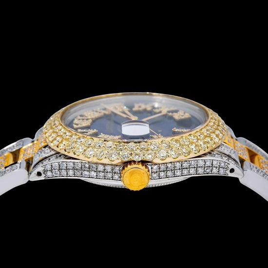 Rolex Datejust Royal Blue Diamond Roman Dial Two Tone Yellow Gold Oyster Bracelet Fully Iced Out Moissanite Watch