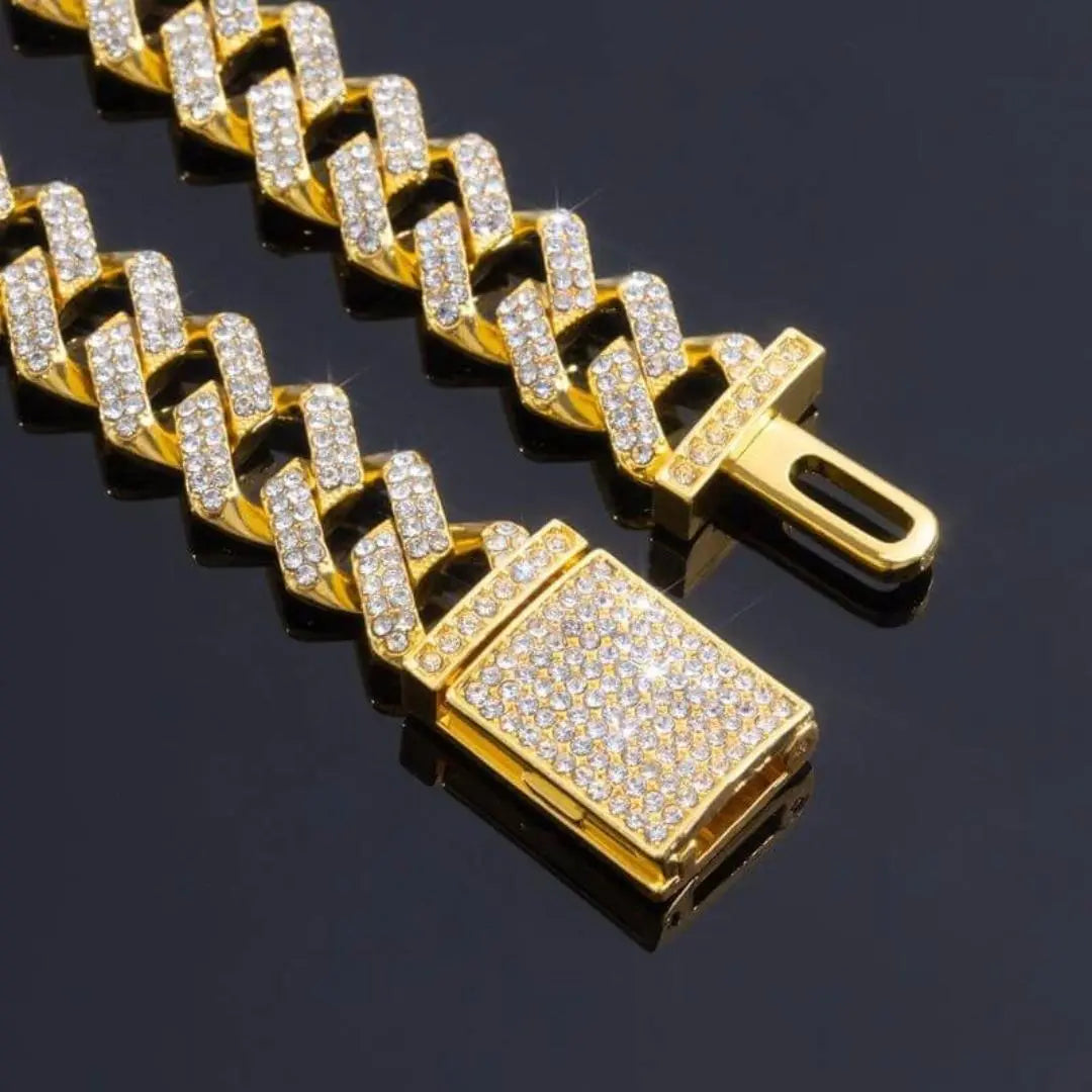 12mm Round Moissanite Cuban Link Chain Batlink in 14K Yellow Gold Jewel Carts