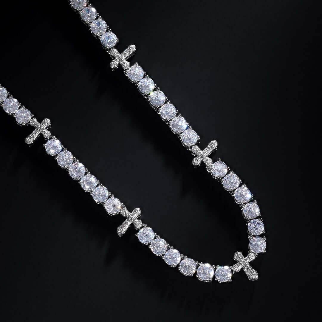 Round Moissanite Cross Accent Tennis Necklace in 14K White Gold