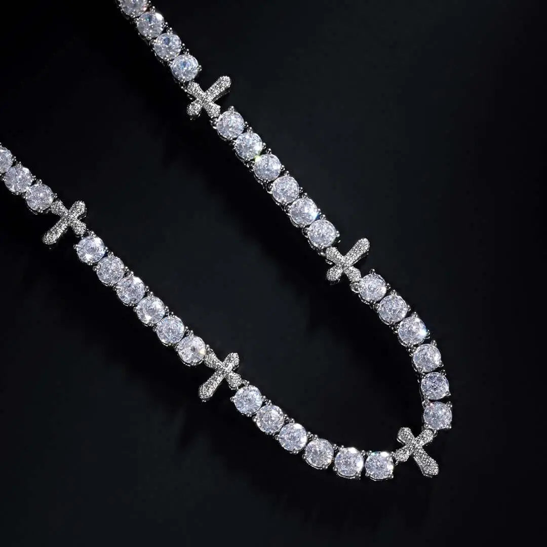 Round Moissanite Cross Accent Tennis Necklace in 14K White Gold Jewel Carts