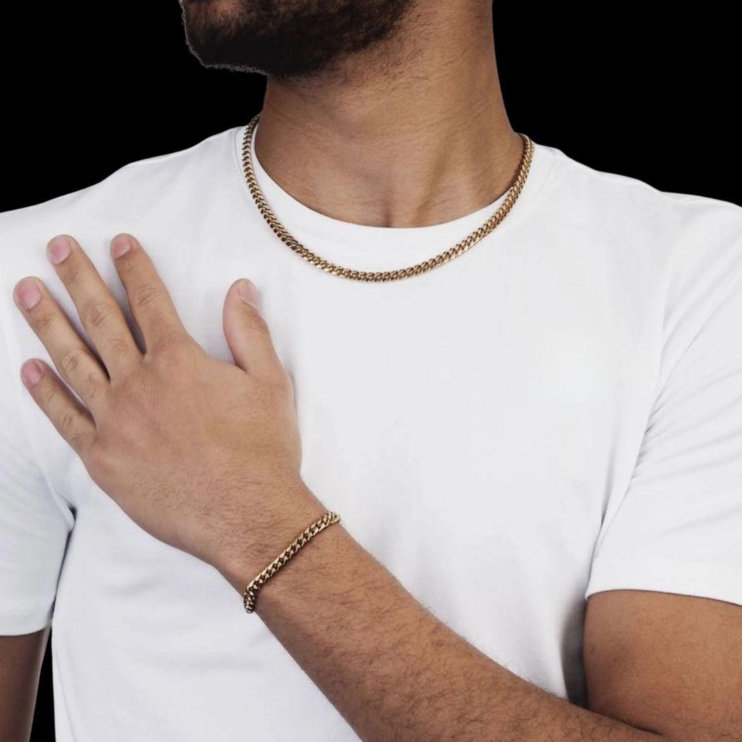 6MM 14K Gold Cuban Link Chain and Bracelet Set Neck and Hand View 