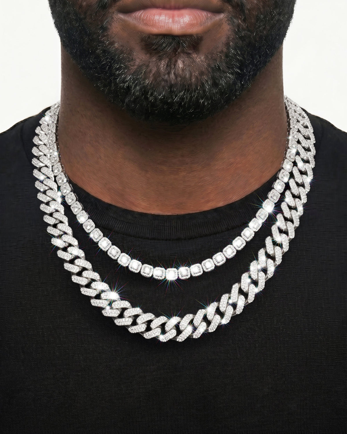 925 Sterling Silver VVS Moissanite Tennis and Cuban Chain Stack