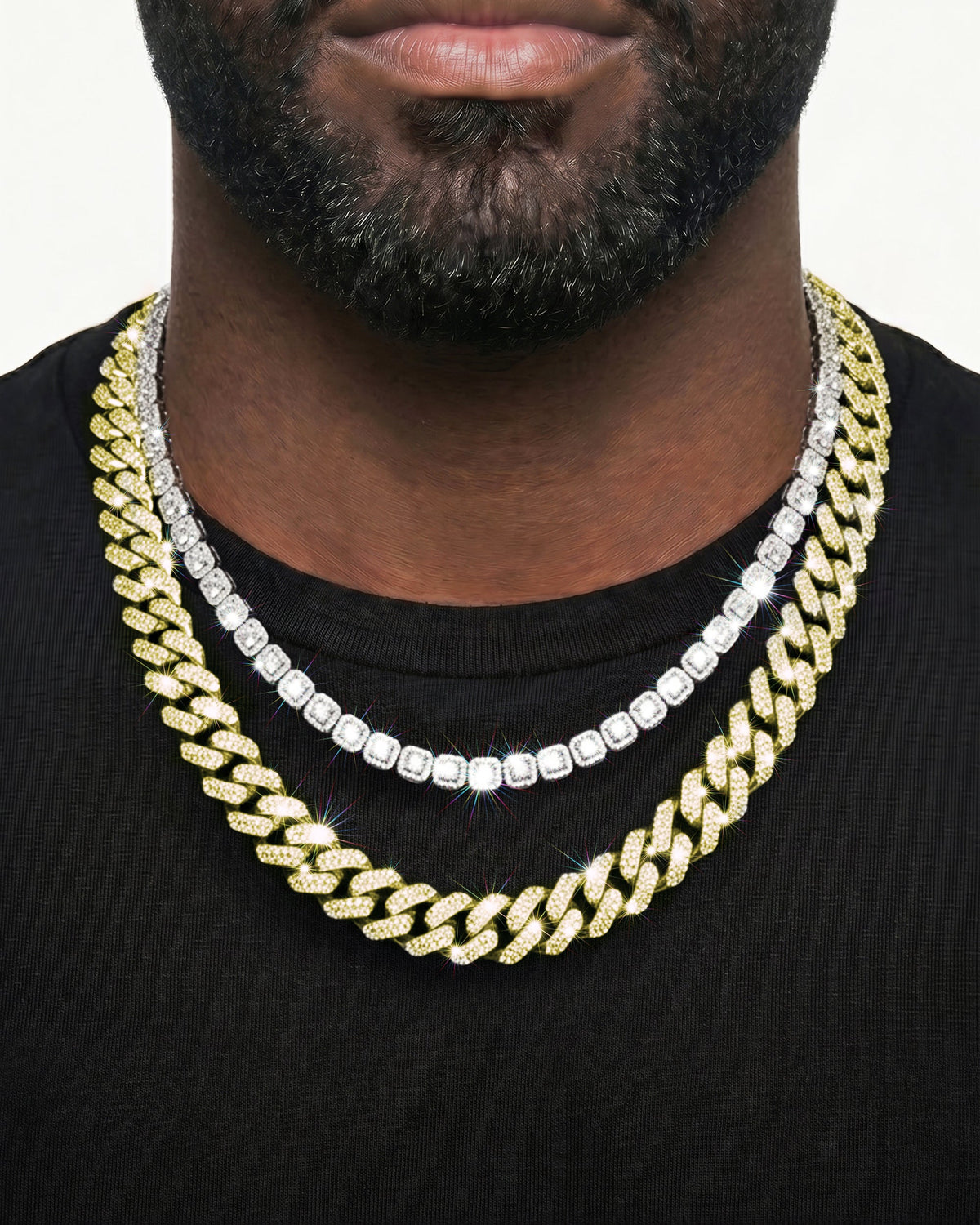 14K Yellow Gold VVS Moissanite Cuban Necklace Stack