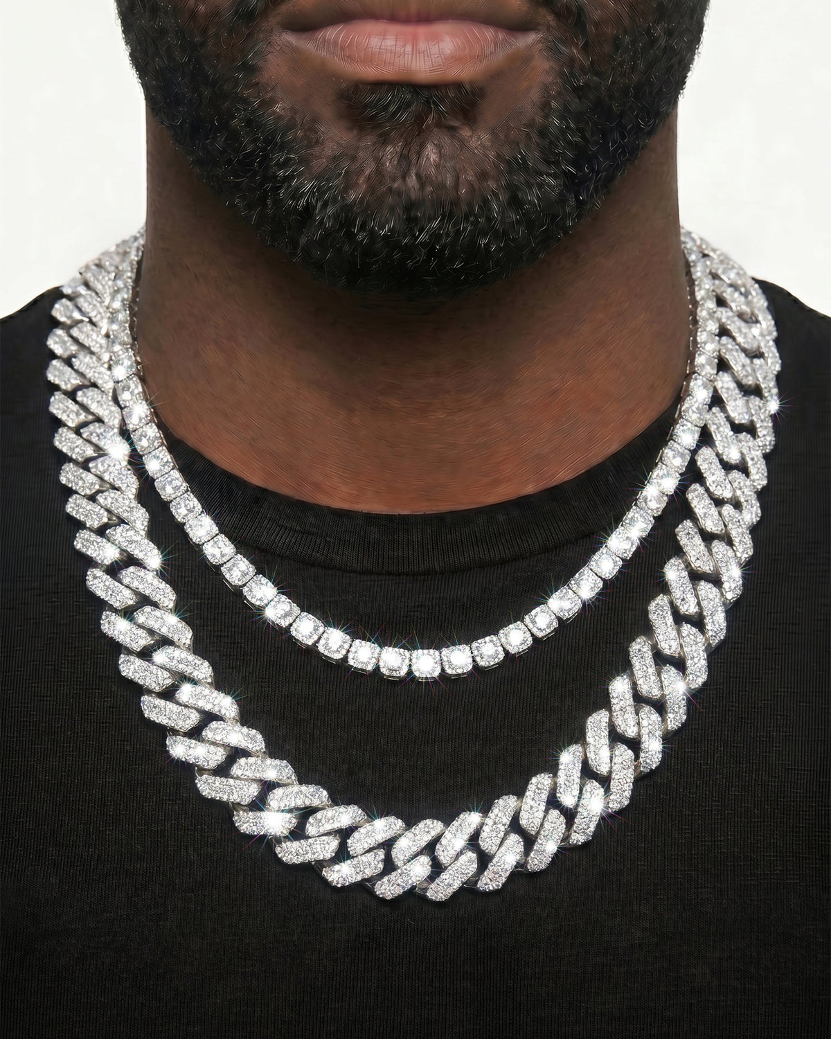 925 Sterling Silver VVS Moissanite Tennis and Cuban Chain Stack
