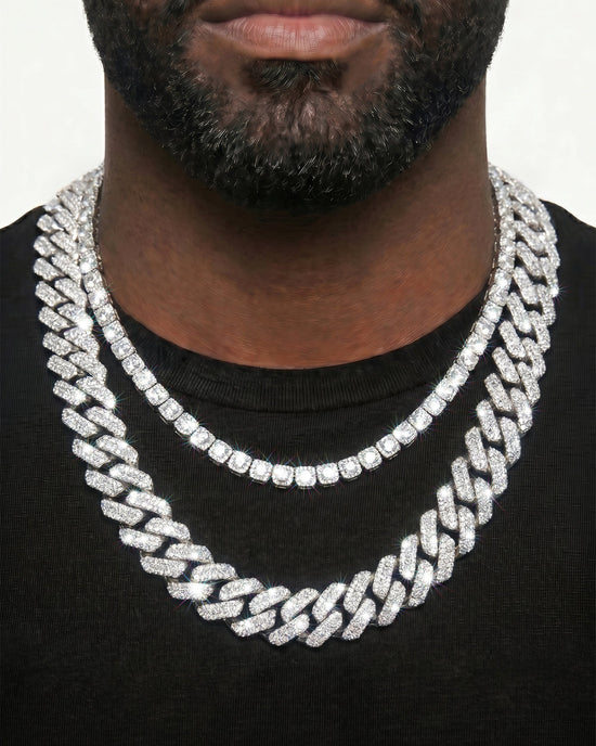 925 Sterling Silver VVS Moissanite Tennis and Cuban Chain Stack