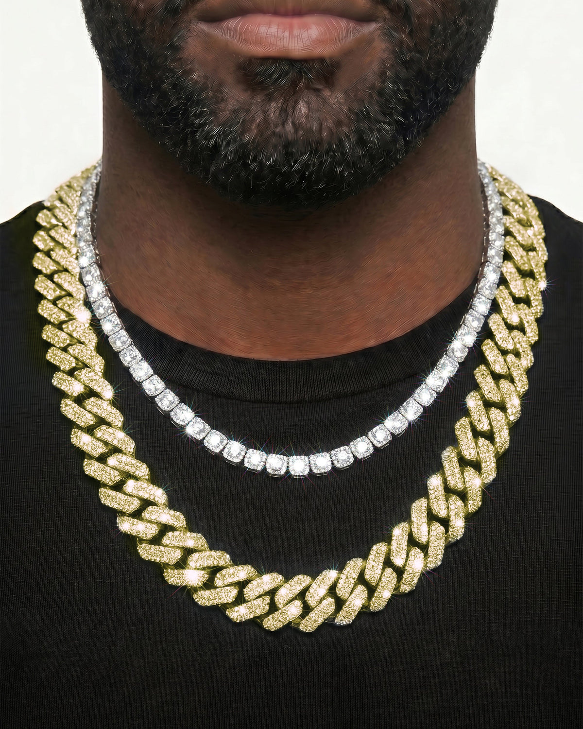14K Yellow Gold VVS Moissanite Cuban Necklace Stack