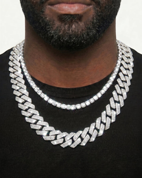 925 Sterling Silver VVS Moissanite Tennis and Cuban Chain Stack
