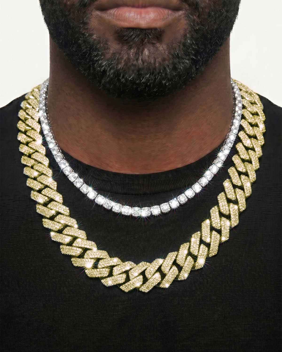 14K Yellow Gold VVS Moissanite Cuban Necklace Stack