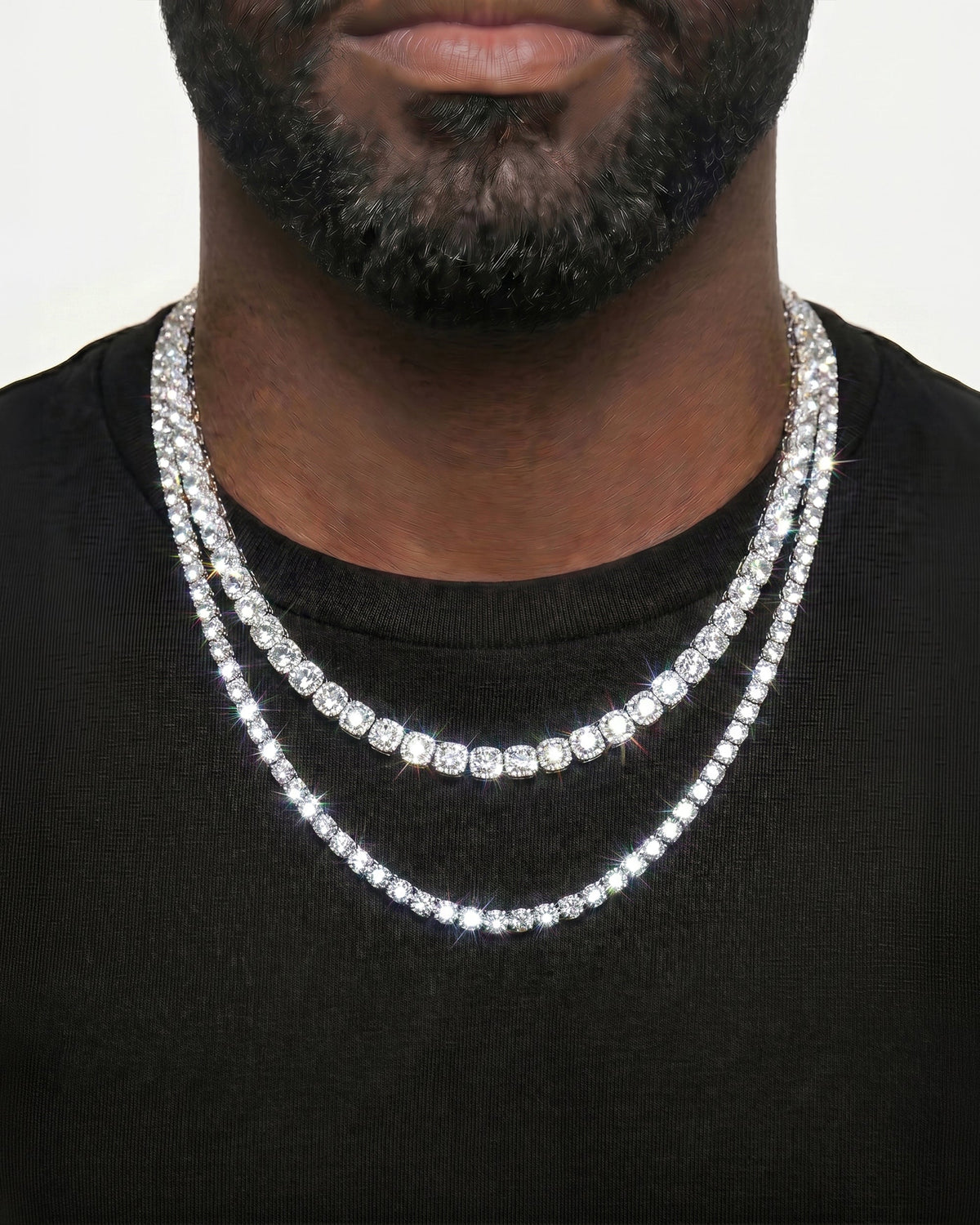 925 Sterling Silver VVS Moissanite Tennis and Cuban Chain Stack