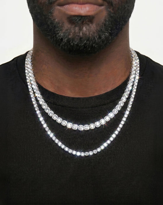 925 Sterling Silver VVS Moissanite Tennis and Cuban Chain Stack