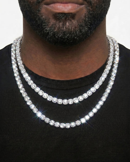 925 Sterling Silver VVS Moissanite Tennis and Cuban Chain Stack