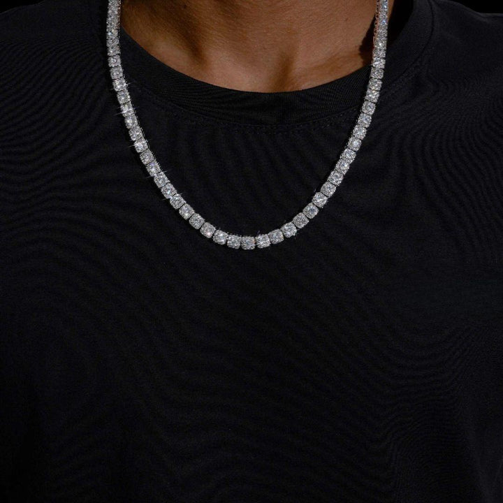 6MM Moissanite Clustered Tennis Chain 14K White Gold Neck View 