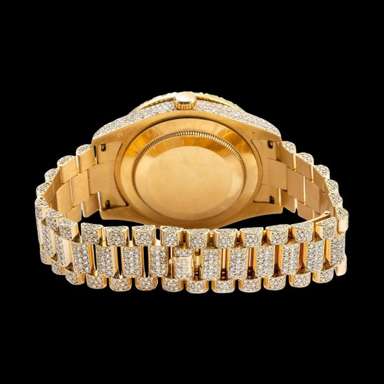 Rolex Day-Date Diamond Paved Dial Red Roman Numerals President Bracelet Fully Iced Out Moissanite Watch