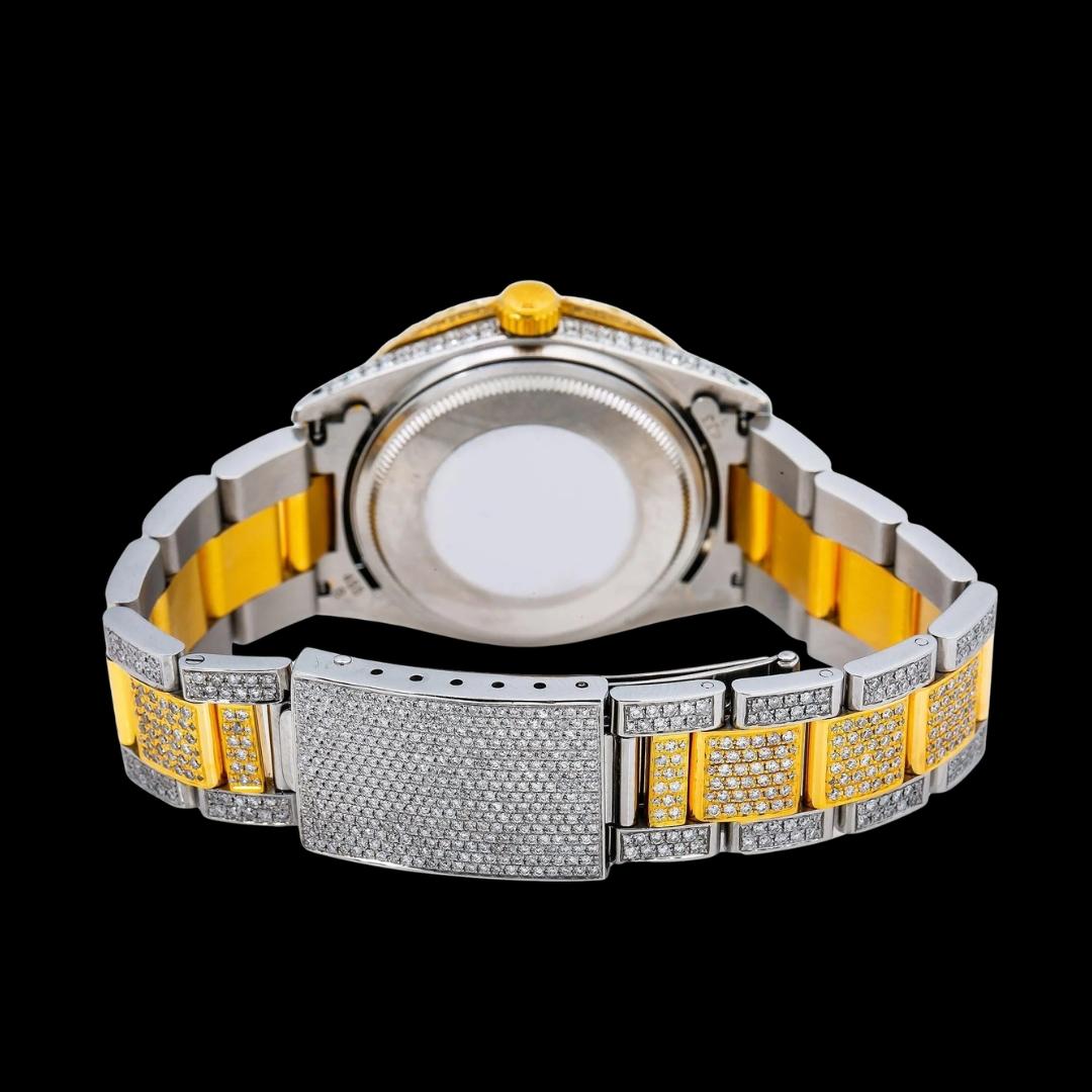 Rolex Datejust Royal Blue Diamond Roman Dial Two Tone Yellow Gold Oyster Bracelet Fully Iced Out Moissanite Watch