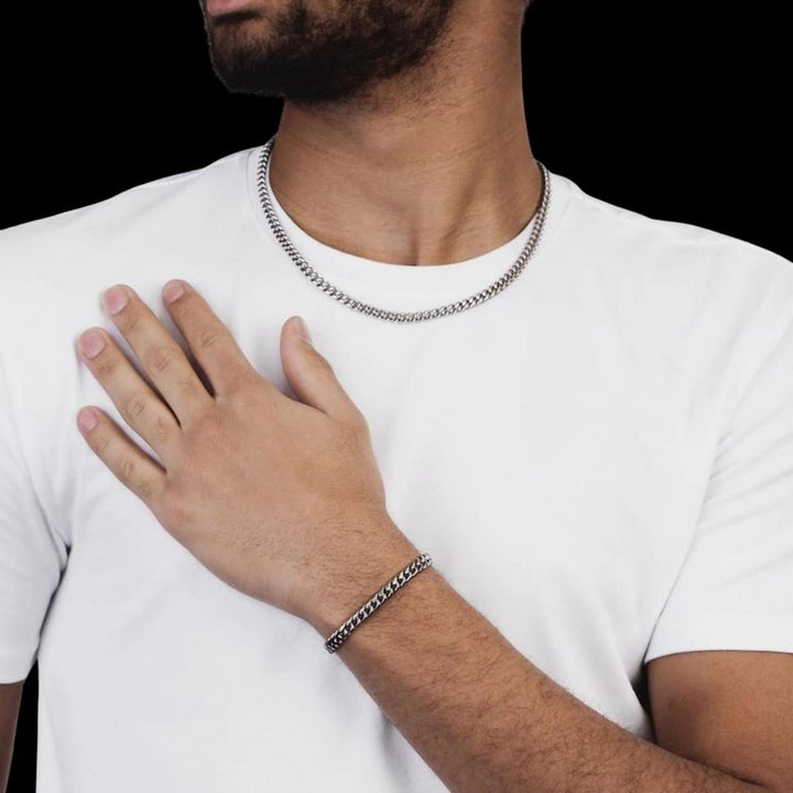6mm Cuban Link Chain and Bracelet Set in Silver Neck and Hand View 