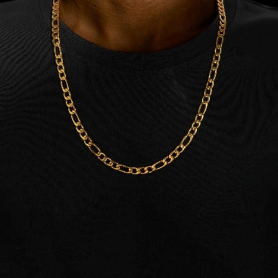 7mm Figaro Chain in 14K Yellow Gold Neck View 