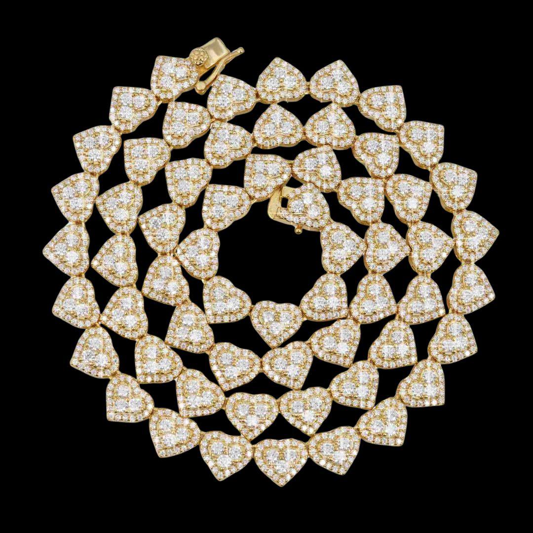 8.5mm Iced Out Heart Cluster Tennis Chain in 14K Gold Full Close Up View