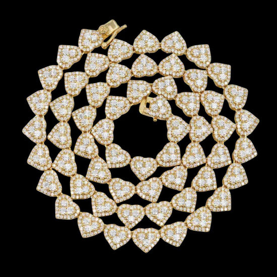 8.5mm Iced Out Heart Cluster Tennis Chain in 14K Gold Full Close Up View
