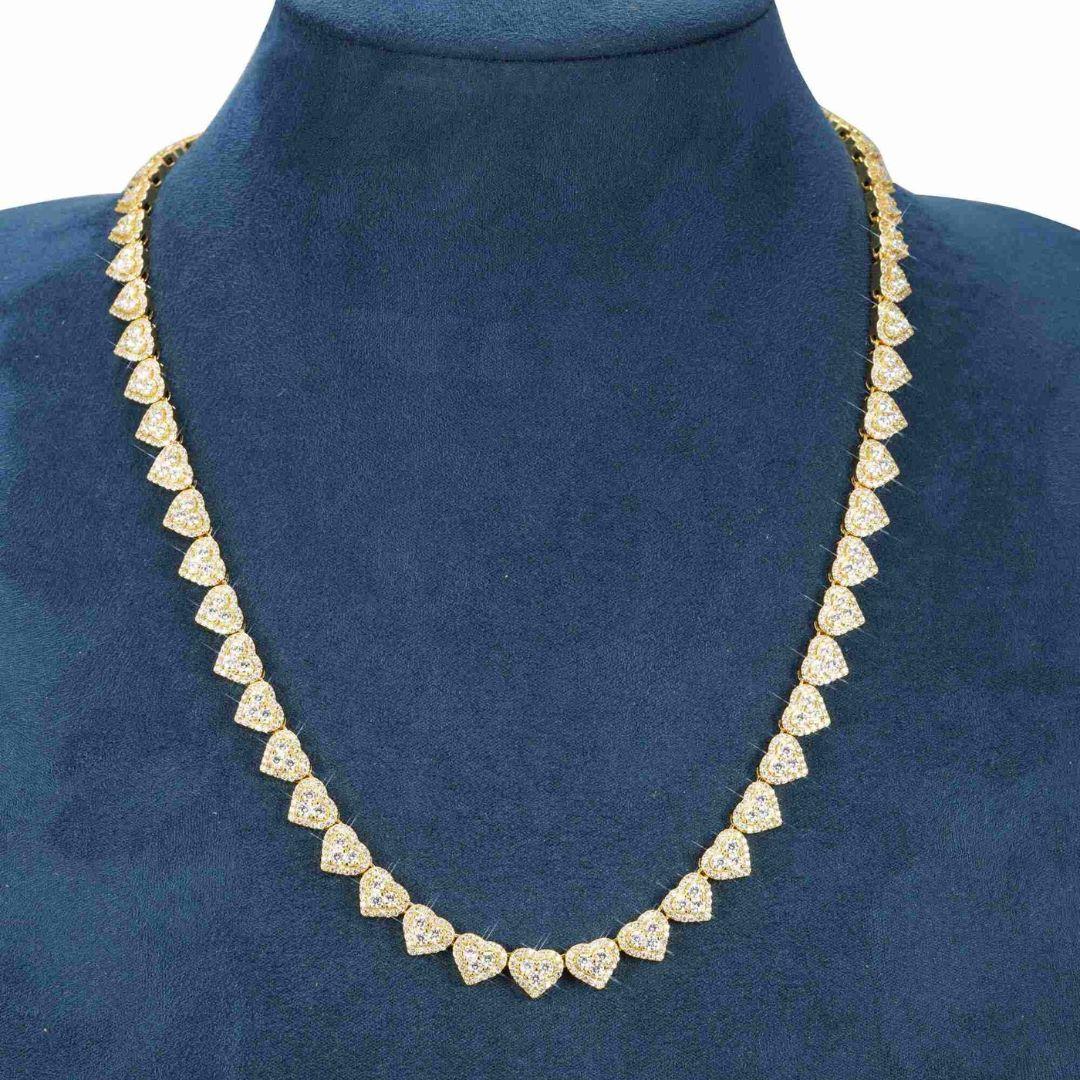 8.5mm Iced Out Heart Cluster Tennis Chain in 14K Gold Necklace Display