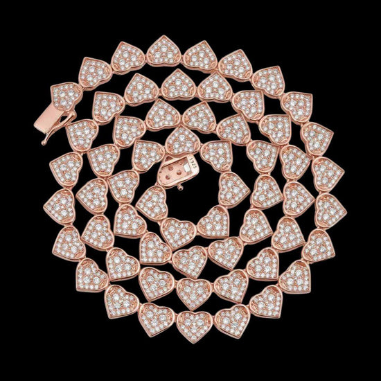 8.5mm Iced Out Heart Cluster Tennis Chain in 14K Rose Gold Close Up Front View
