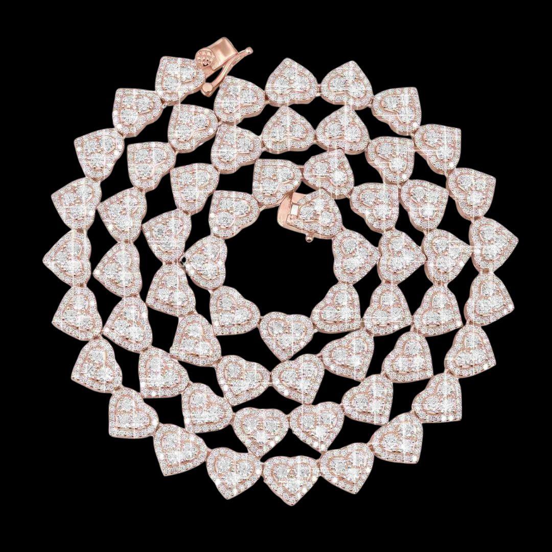 8.5mm Iced Out Heart Cluster Tennis Chain in 14K Rose Gold Full Close Up View