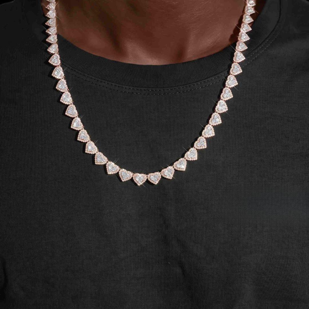 8.5mm Iced Out Heart Cluster Tennis Chain in 14K Rose Gold Neck View 
