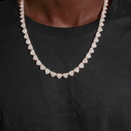 8.5mm Iced Out Heart Cluster Tennis Chain in 14K Rose Gold Neck View 