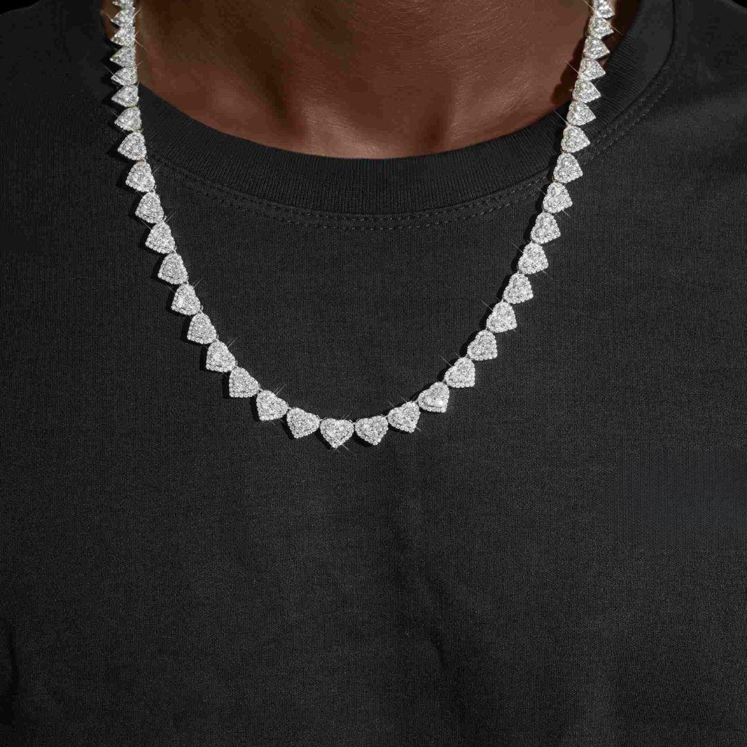 8.5mm Iced Out Heart Cluster Tennis Chain in 14K White Gold Neck View 