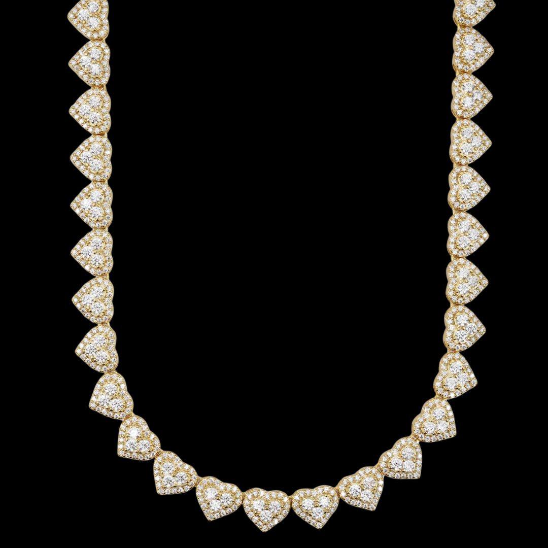 8.5mm Iced Out Heart Cluster Tennis Chain in 14K Yellow Gold Front View