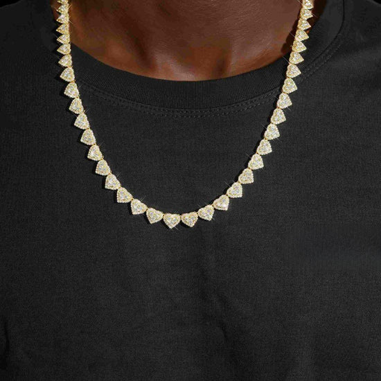 8.5mm Iced Out Heart Cluster Tennis Chain in 14K Yellow Gold Neck View 