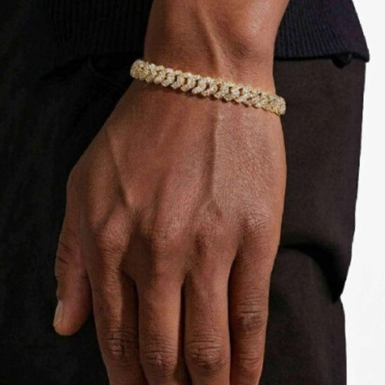 8MM Moissanite Cuban Link Chain and Bracelet Set Yellow Gold Bracelet On Hand View