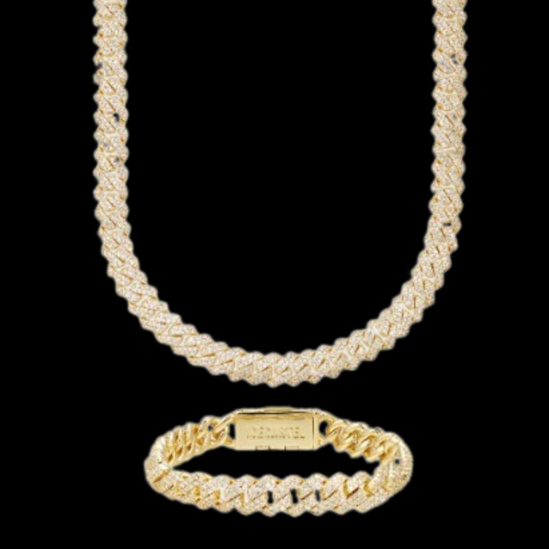 8MM Moissanite Cuban Link Chain and Bracelet Set Yellow Gold Front View