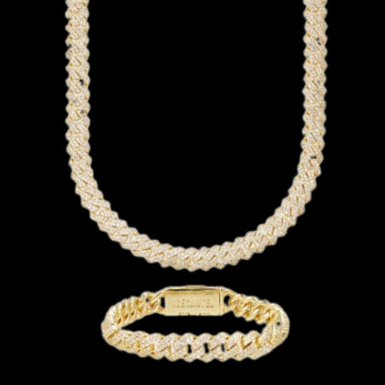 8MM Moissanite Cuban Link Chain and Bracelet Set Yellow Gold Front View