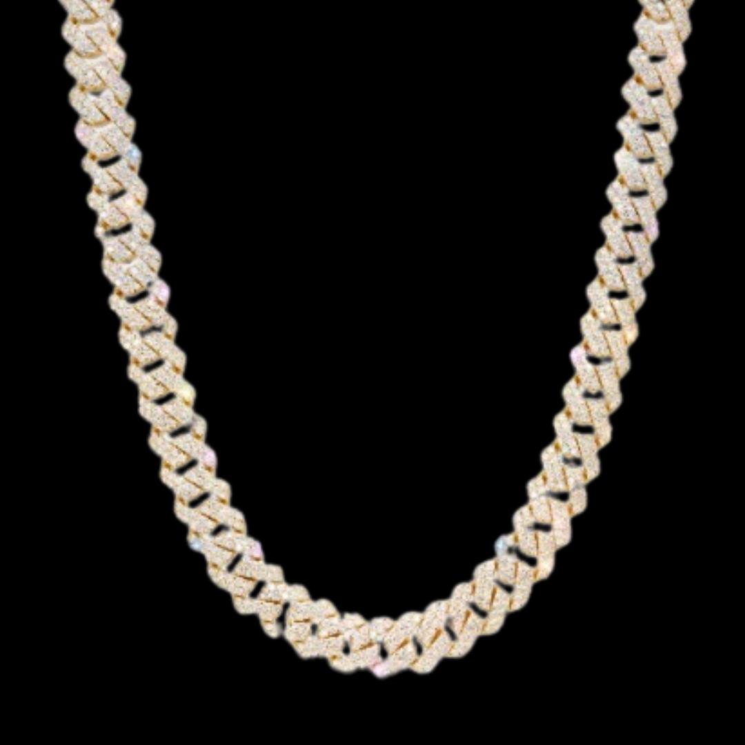 10MM VVS Moissanite Pave Cuban Necklace in 14K Gold