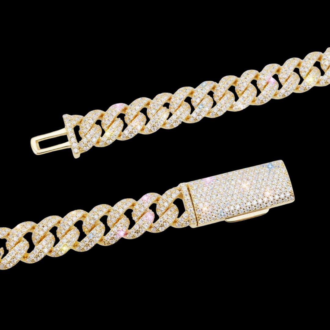 10MM D-E VVS Moissanite Iced Cuban Link Necklace in 14K Gold