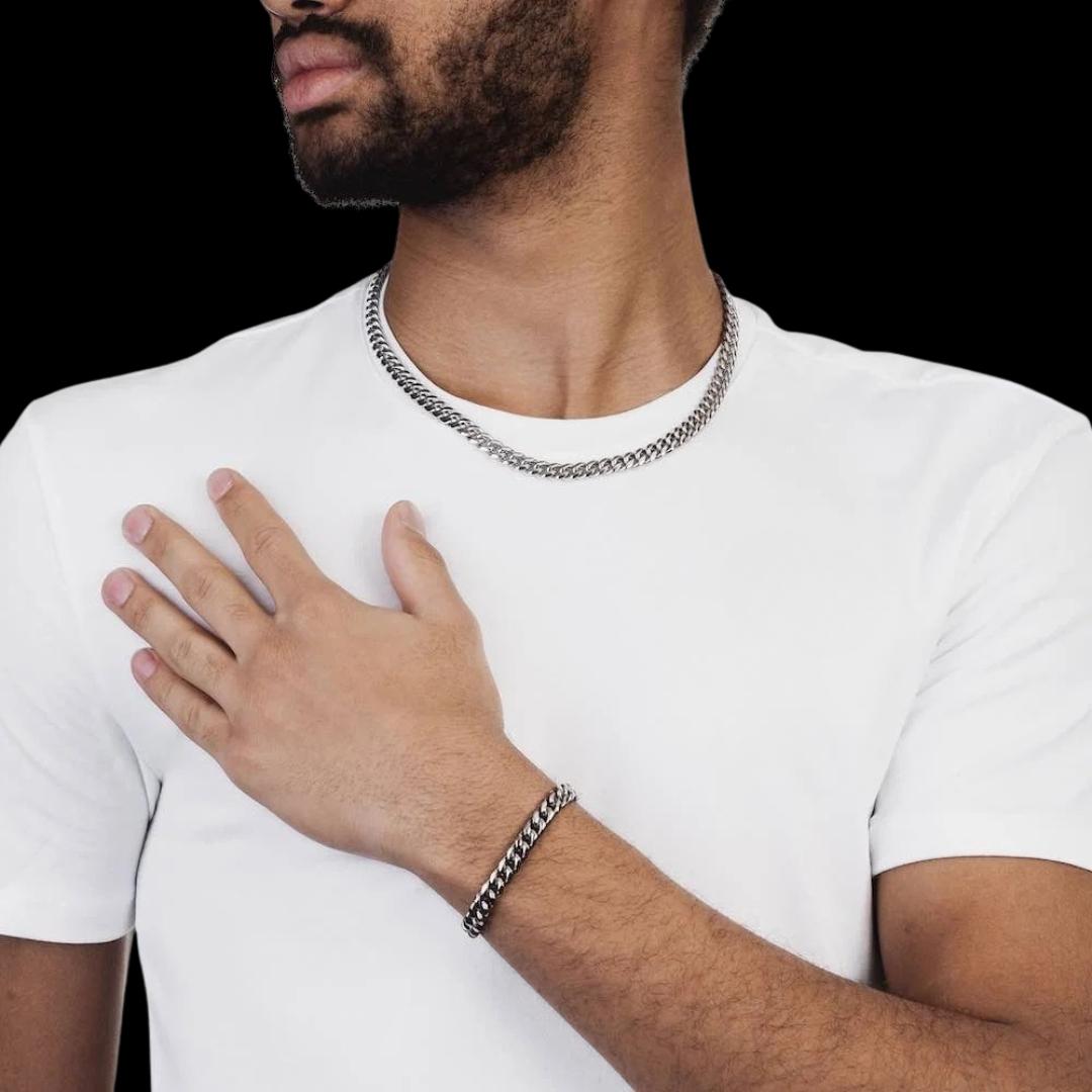8mm Cuban Link Chain in 925 Sterling Silver Neck and Hand View 