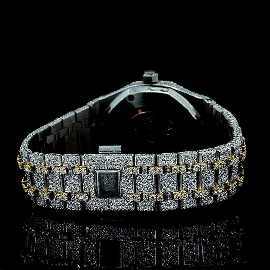 AP Black Stick Markers Dial Two Tone Yellow Gold Fully Iced Out Moissanite Watch Caseback View