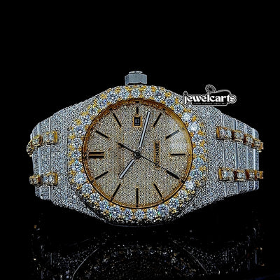 AP Black Stick Markers Dial Two Tone Yellow Gold Fully Iced Out Moissanite Watch