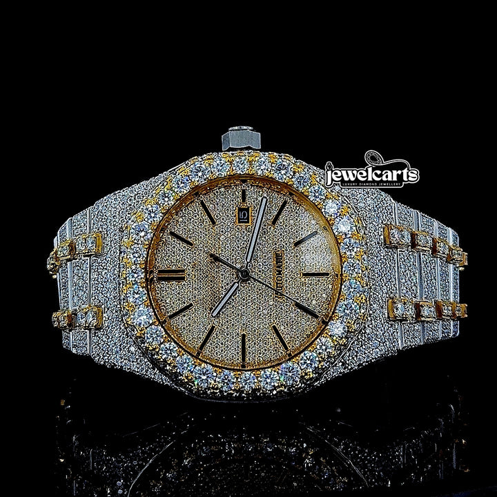 AP Black Stick Markers Dial Two Tone Yellow Gold Fully Iced Out Moissanite Watch Front View