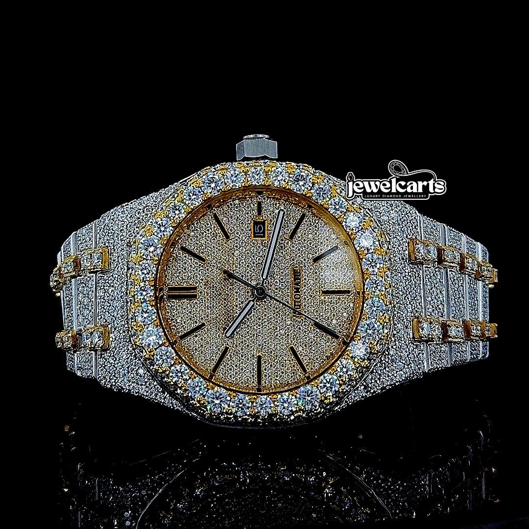 AP Black Stick Markers Dial Two Tone Yellow Gold Fully Iced Out Moissanite Watch Front View