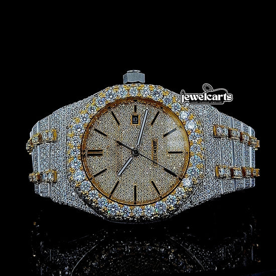 AP Black Stick Markers Dial Two Tone Yellow Gold Fully Iced Out Moissanite Watch Front View