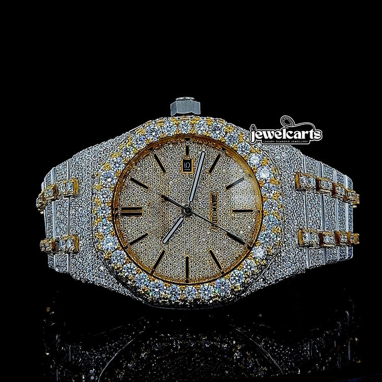 AP Black Stick Markers Dial Two Tone Yellow Gold Fully Iced Out Moissanite Watch Front View
