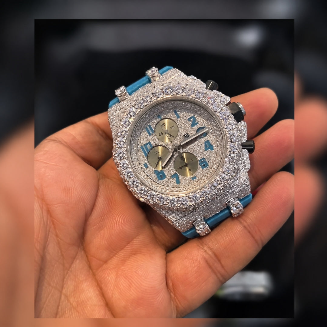 AP Moissanite Watch close up with Royal Oak style iced out bezel