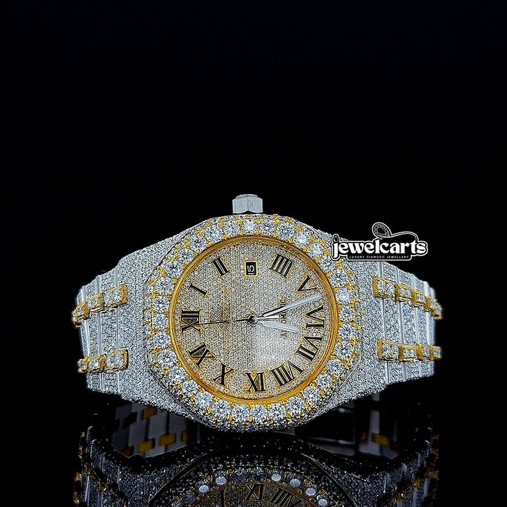 AP Roman Dial Two Tone Yellow Gold Fully Iced Out Moissanite Watch Front View