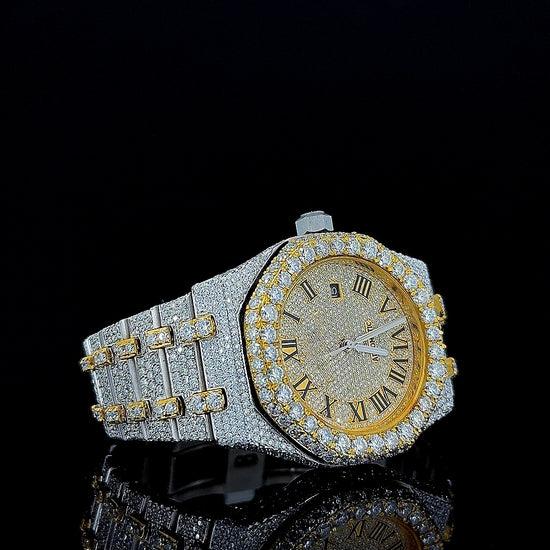 AP Roman Dial Two Tone Yellow Gold Fully Iced Out Moissanite Watch Right Profile View