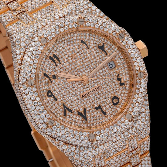 AP Royal Oak Arabic Dial Diamond Bezel Fully Iced Out Rose Gold Moissanite Watch Close Up Dial View